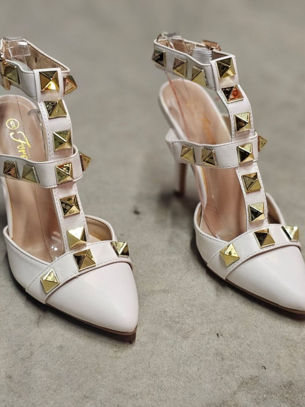 White Studded Pointed-Toe High Heels With Adjustable Buckle Strap & T-Strap Desi - Picture 9 of 15
